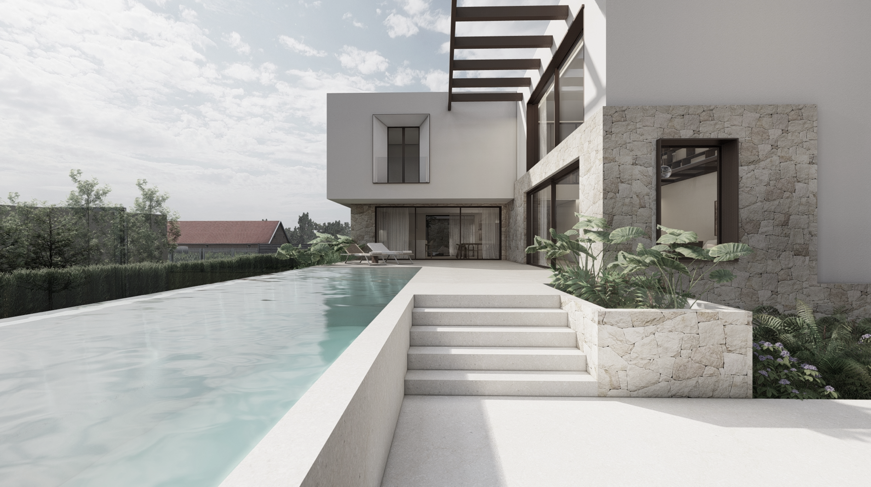 Vivienda en ejecución con piscina y terrazas